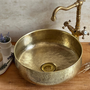 Évier de comptoir rond en laiton martelé, lavabo traditionnel en métal, durable, pour salle de bain domestique - Product Image 1