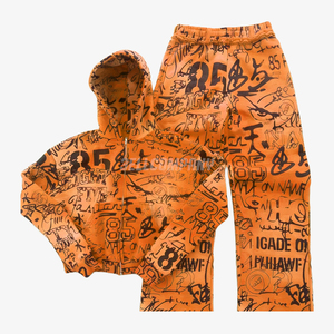 ชุดเซ็ตเสื้อฮู้ดซิปและกางเกงวอร์มลายกราฟฟิตีสไตล์คนเมือง - Product Image 1