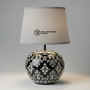 Luxury <b>Black</b> Bone Inlay <b>Table</b> Lantern with Floral Pattern Handcrafted Decorative <b>Bedside</b> Lamp with Fabric Shade for Home - Product Image 1