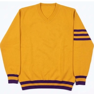 Suéter de Punto Amarillo con Cuello en V para Hombre, con Rayas Moradas, Manga Larga, Color Sólido, para Otoño - Product Image 1