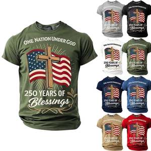T-shirt à manches courtes pour hommes One Nation God 250 Years Blessings American Flag Cross, coupe régulière, en coton, décontracté, respirant, 300g - Product Image 1