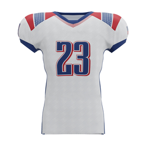 Maillot de football américain personnalisé, col en V, manches courtes, impression sublimée, évacuation de l'humidité, ajusté, numéro 23, blanc, rouge, bleu - Product Image 1