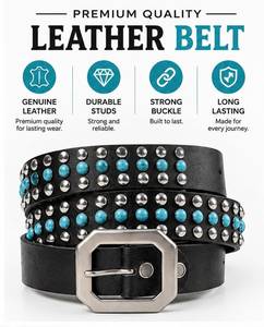 Ceinture décontractée en cuir de vachette 100% authentique, boucle carrée en alliage, longueur réglable, haute résistance, design clouté robuste - Product Image 1