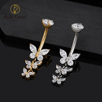 Anneau de nombril triple papillon en titane ASTM F136 14G avec pendentif CZ étincelant pour piercing de nombril, bijou corporel