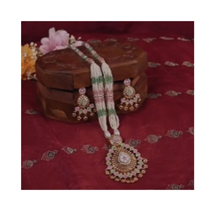 925 Silver Traditional Long Necklace <b>Set</b> for Women Green White <b>Beads</b> Bridal Temple Jewelry Elegant Ethnic <b>Set</b> - Product Image 1