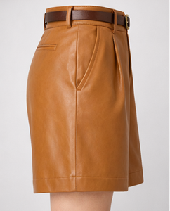 Shorts Bermuda Plissés Taille Haute en Cuir Tanné avec Ceinture et Boutons, Respirants, Lavés, Style Minimaliste et Élégant pour l'Été - Product Image 3