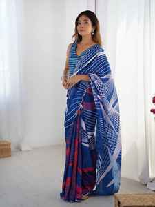 Sari moderne en polyester bleu imprimé avec des accents rouges et une bordure en dentelle miroir pour femmes, vêtements décontractés toutes saisons - Product Image 3