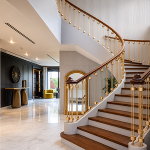 Barandilla curva dorada para escaleras con pasamanos de madera, diseño de balaustre de latón de lujo para escaleras interiores de villas modernas - Product Image 2