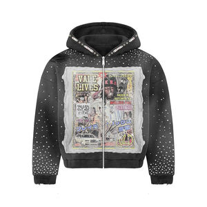 Custom Washed Black Full Zip <b>Rhinestone</b> Hoodie Vintage Graphic Print Oversized Heavyweight Cotton Streetwear Hooded <b>Jacket</b> - Product Image 1