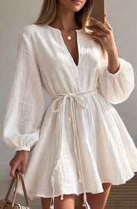Vestido mini bohemio blanco para mujer, vestido de verano de manga larga con cuello en V y cinturón de cuerda, vestido informal para fiesta en la playa - Product Image 2