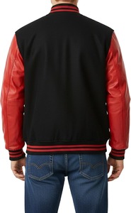 Men's Black <b>Red</b> Varsity <b>Jacket</b> PU Leather Sleeves Button Closure Turn-down Collar Casual Style Autumn Wear Regular Fit - Product Image 2