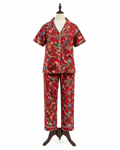 Red Floral Hand Block Print Pajama Set Women Short Sleeve Shirt Long <b>Pants</b> Casual Nightwear Handmade Cotton Sleepwear Loungewear - Product Image 1