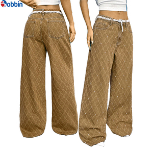 Jeans de Mezclilla Personalizados para Mujer, Corte Recto, Casuales, Otoño/Primavera, Decorados con Perlas Tejidas, Cintura Baja, Lavables, Lavado Arena, Corte Regular - Product Image 5