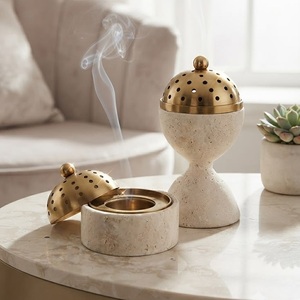 Perforated Lid Chalice Stone <b>Incense</b> <b>Burner</b> with Brass Lid Aromatherapy Diffuser All-Season Use - Product Image 1