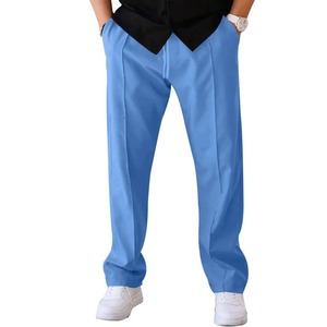 Men's Beige Pleated Casual <b>Trousers</b> <b>Elastic</b> <b>Waist</b> Cotton Oxford Fabric Spring Wear Breathable Midweight Straight Fit Pants - Product Image 3