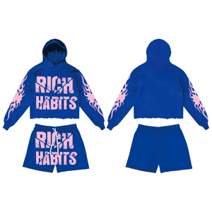 Ensemble sweat à capuche et short Rich Habits unisexe, streetwear, manches longues, cordon de serrage, coupe ample, imprimé flamme rose, 100% polyester, survêtement - Product Image 5