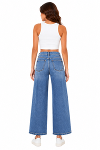 Jean en denim taille haute pour femme, coupe palazzo ample et droite, bleu, élégant et décontracté, style oversize - Product Image 3