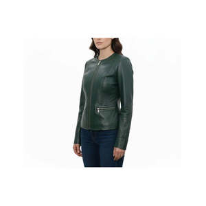 Veste en cuir d'agneau vert pour femme Leathertex, imperméable et coupe-vent, coupe ajustée, style minimaliste élégant, toutes saisons - Product Image 3
