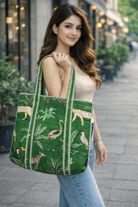Bolso de compras grande de algodón acolchado estilo boho para mujer, con cierre abierto, bolso de hombro con estampado de bloques, lavable, tipo tote para equipaje. - Product Image 2