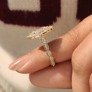 แหวนเพชรทรงมาร์คีส์สวยงามจากแล็บโกรว์ ดีไซน์วินเทจ ขอบมิลเกรน ทอง 14K 18K ของขวัญแต่งงานสำหรับเจ้าสาว - Product Image 4