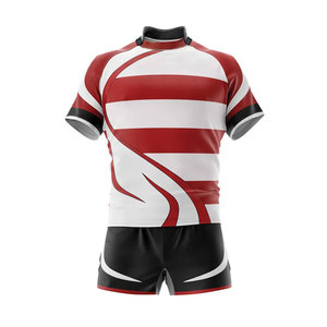 Ensemble de maillot de rugby rayé rouge et blanc pour homme, manches courtes, impression sublimée, évacuation de l'humidité, coupe ajustée, uniforme athlétique toutes saisons - Product Image 1