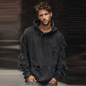 Hoodie Homme Streetwear Effet Usé avec Manches Détachées et Épaules Tombantes - Product Image 1