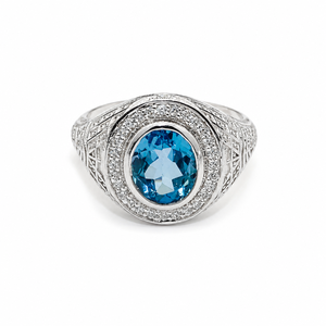 Anillo de Topacio Azul Londres y Circonitas Cúbicas en Plata de Ley 925 con Baño de Rodio, Engaste Pavé y de Garras, Estilo de Lujo - Product Image 6