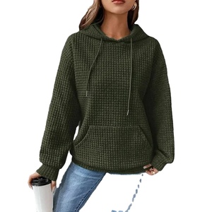 Sudadera con capucha holgada con textura de gofre para mujer de otoño, mangas caídas sólidas con Jersey y bolsillo, tela de rizo informal - Product Image 1