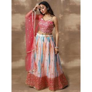 Elegant <b>White</b> & Pink <b>Sequin</b> Chinon Reception Wear Lehenga Choli - Product Image 1