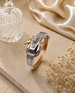 Luxury 925 Sterling <b>Silver</b> Rose Gold Plated <b>Cuff</b> <b>Bracelet</b> with Animal Heads and Crystal Inlay Unisex Everyday Wear Gift - Product Image 2