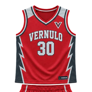 Ensemble d'uniformes de basketball personnalisés pour hommes, rouge et noir, maillot sans manches à col en V et short, avec nom et numéros d'équipe, imprimé éclair, kits en gros - Product Image 4