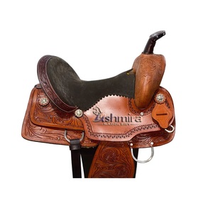 Sillín de cuero marrón estilo western para carreras de barriles, conjunto de aparejos con asiento acolchado de gamuza y tallado floral a mano - Product Image 3