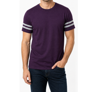 T-shirt tendance pour homme à col rond, manches rayées style universitaire, manches courtes, personnalisable, uni, violet, gris, chemise de sport - Product Image 1