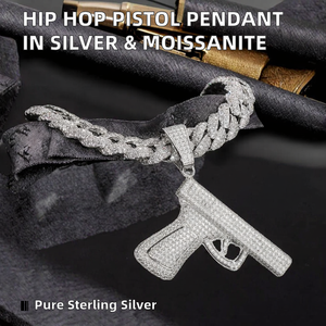 Pendentif pistolet glacé, collier hip-hop en argent sterling plaqué or, imitation diamant moissanite, style streetwear de luxe, sertissage griffe - Product Image 2
