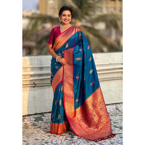 Sari de Seda Azul Suave Elite Weaves con Elegante Diseño Floral Meenakari Zari Tejido para Vestidos de Noche - Product Image 5