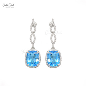 14K <b>Fine</b> White Gold Gemstone Dangle <b>Earrings</b> 11X9MM Octagon Cut Swiss Blue Topaz & White Diamond Halo Dangle Push Back <b>Earrings</b> - Product Image 1