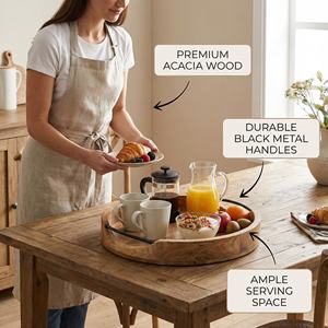 ถาดเสิร์ฟไม้มะม่วงทรงกลมสไตล์เรียบง่าย พร้อมหูจับเหล็ก ถาดไม้ทำมือสำหรับห้องครัวและโต๊ะอาหาร เหมาะสำหรับบ้าน โรงแรม ร้านอาหาร - Product Image 4