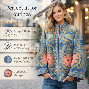 Blouson Bomber en Velours Artisanal Premium pour Femme avec Broderie Florale et Col Montant – Veste Décontractée – Vente Directe Usine - Product Image 4