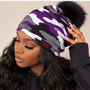 Custom Hand Knitted <b>Wool</b> Blend Jacquard Slouchy Camo <b>Beanie</b> with Faux Fur Pom Pom Streetwear Winter Hat - Product Image 3