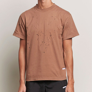 T-shirt décontracté pour homme, marron, à manches courtes et col rond, 100 % coton, en tissu toile lavé au laser, coupe oversize, respirant, couleur unie, tricoté - Product Image 5