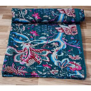Colcha Kantha Vintage con Estampado Floral, Reversible, Manta Bohemia, Cubrecama Tradicional, Hecha a Mano en India, 100% Algodón - Product Image 3