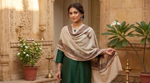 Women's Long <b>Wool</b> Eco-Friendly Shawl Beige Embroidered Red Border Winter <b>Wrap</b> Scarf - Product Image 3