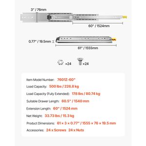 Guide per cassetti a estrazione totale, 1 paio, capacità di carico 500 libbre, con blocco, gamma 18-60 pollici per varie misure - Product Image 4
