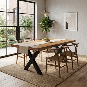 Table à manger en bois de Suar massif avec bord naturel, pieds en métal noir en forme de X, style industriel rustique, meubles de cuisine, plateau en bois naturel - Product Image 6