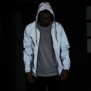 Unisex Thin Silver Solid Reflective 100% Polyester <b>Jacket</b> Hooded Full Reflective Windproof Zipper Coat for Night <b>Cycling</b> Running - Product Image 2