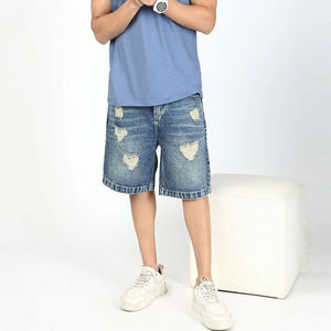 Pantalones Cortos de Mezclilla para Hombre, Color Azul Claro, Bordados, Desgastados, Corte Holgado, Estilo Casual, de Algodón, para Verano, Estilo Urbano - Product Image 3