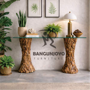 Mesa de Consola Hecha de Madera de Teca Sólida con Vidrio Transparente, Diseño Moderno, Duradera para Hogares, Hoteles y Villas - Product Image 1