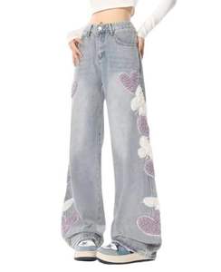 Jeans de mezclilla de cintura alta con parche de corazón estilo hip hop para mujer, holgados, de pierna ancha, elegantes, cómodos, modernos, transpirables, vintage, 100% - Product Image 1
