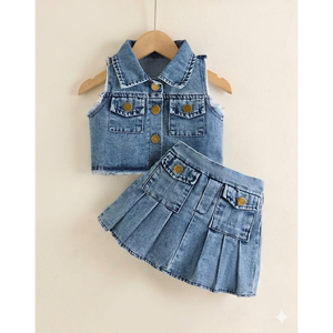 Vestido vaquero plisado con cinturón para niñas pequeñas - Product Image 2