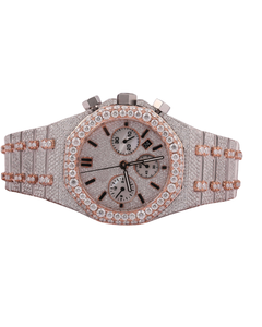 Montre automatique de poignet en or rose, entièrement sertie de moissanite, cadran à bâtonnets, style Hip Hop Rapper - Product Image 1